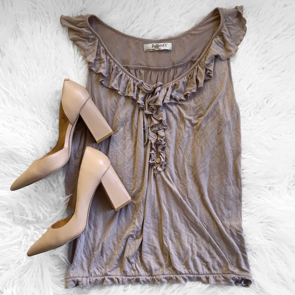 Tan Romy Blouse with Ruffle Front